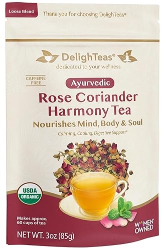 DelighTeas Organic Rose Coriander Harmony Tea | Ayurvedic Loose Leaf Herbal Tea | 60 Servings, 3oz. | Caffeine-free, Sugar-free, Non-GMO, Keto, Vegan
