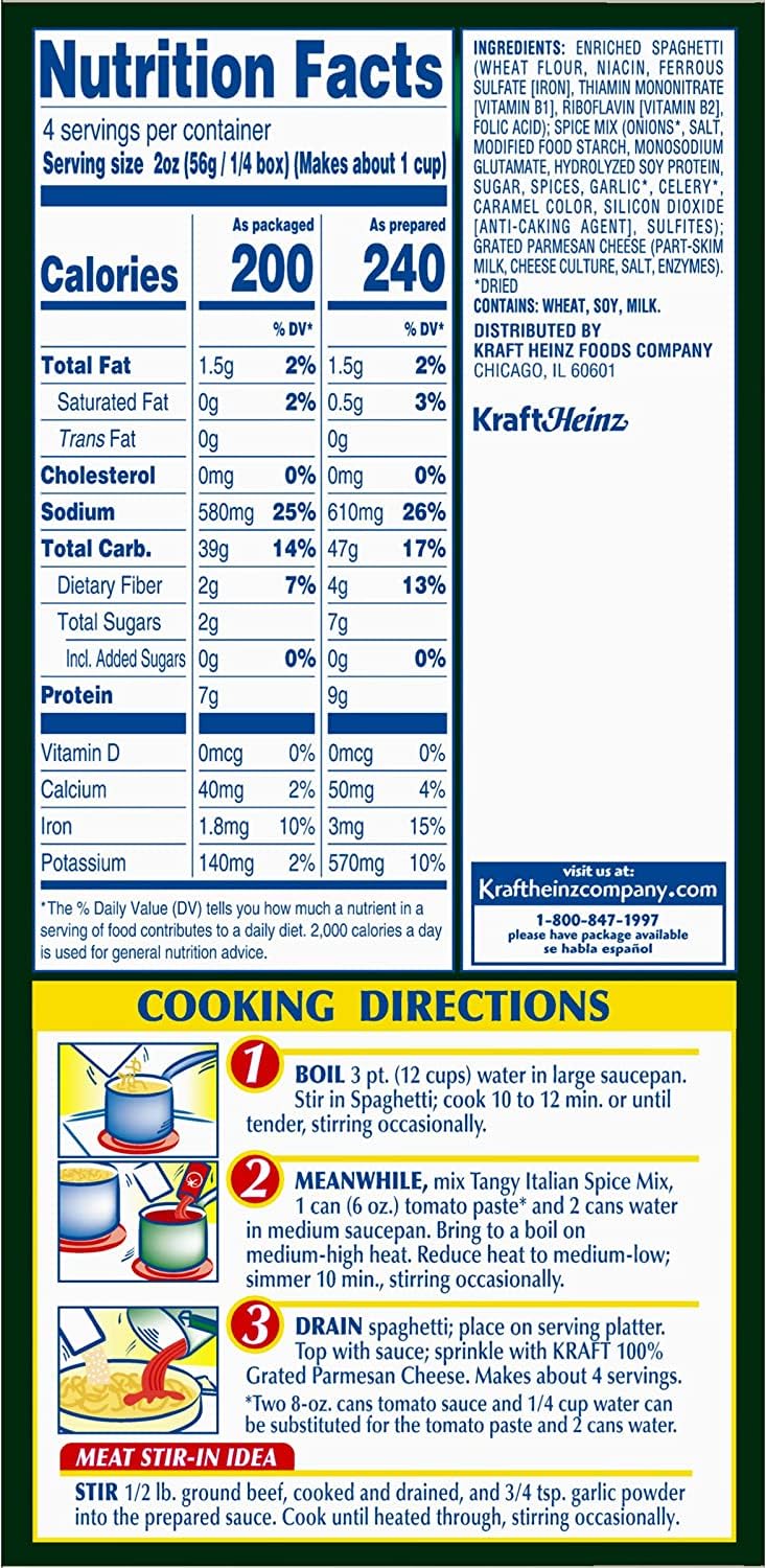 Kraft Spaghetti Classics Tangy Italian Spaghetti (Spices, & Parmesan Cheese Meal Mix, 12 ct Pack, 8 oz Boxes)