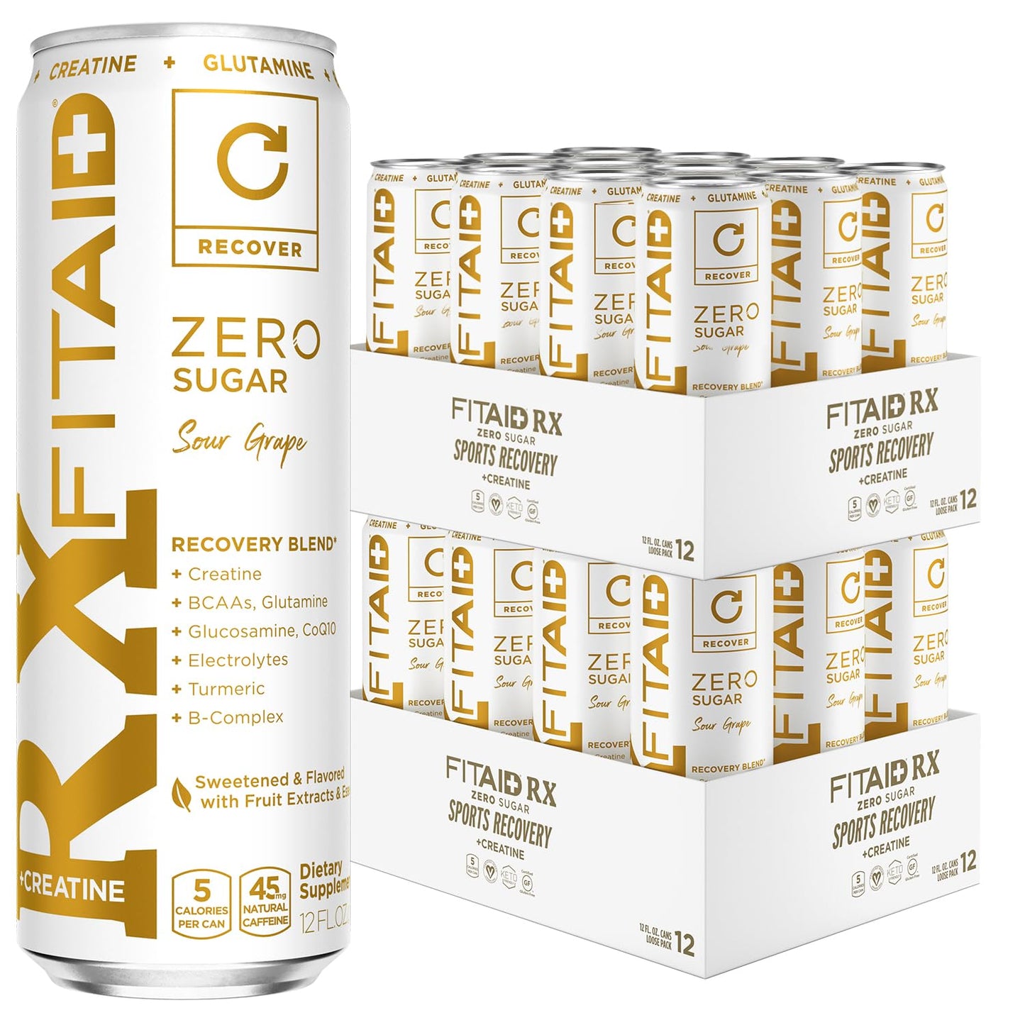 FITAID RX Zero, Creatine Monohydrate, 5 Calories, Keto-Friendly Post-Workout Recovery Drink, BCAAs, L-Glutamine, Turmeric, Electrolytes, B-Complex, 12