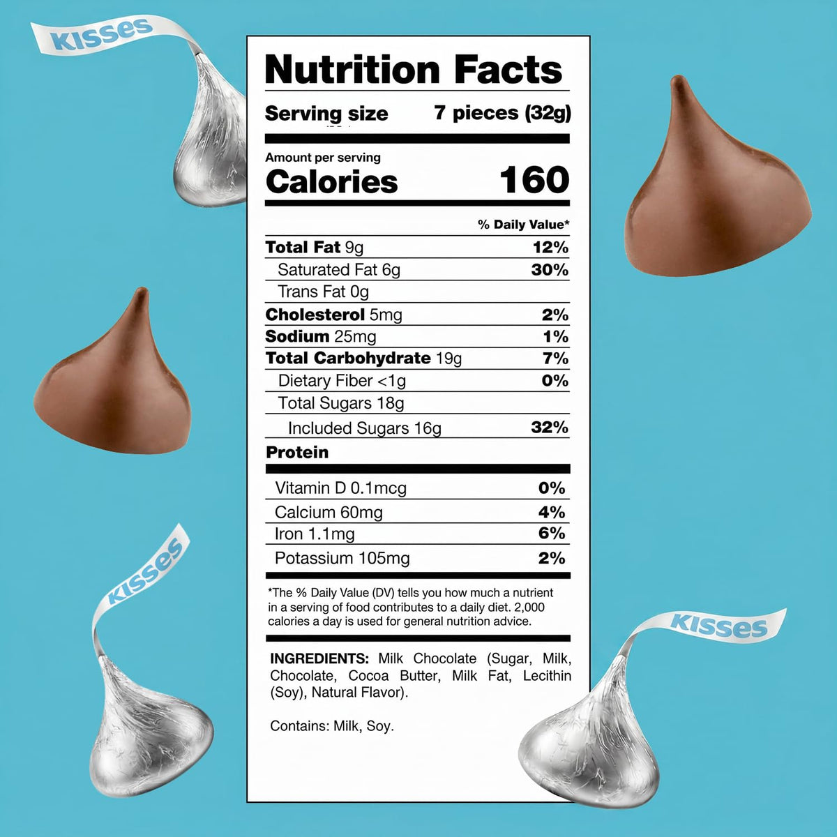 Milk Chocolate Kisses, Silver Individually Wrapped Candy, Bulk, 2 lb