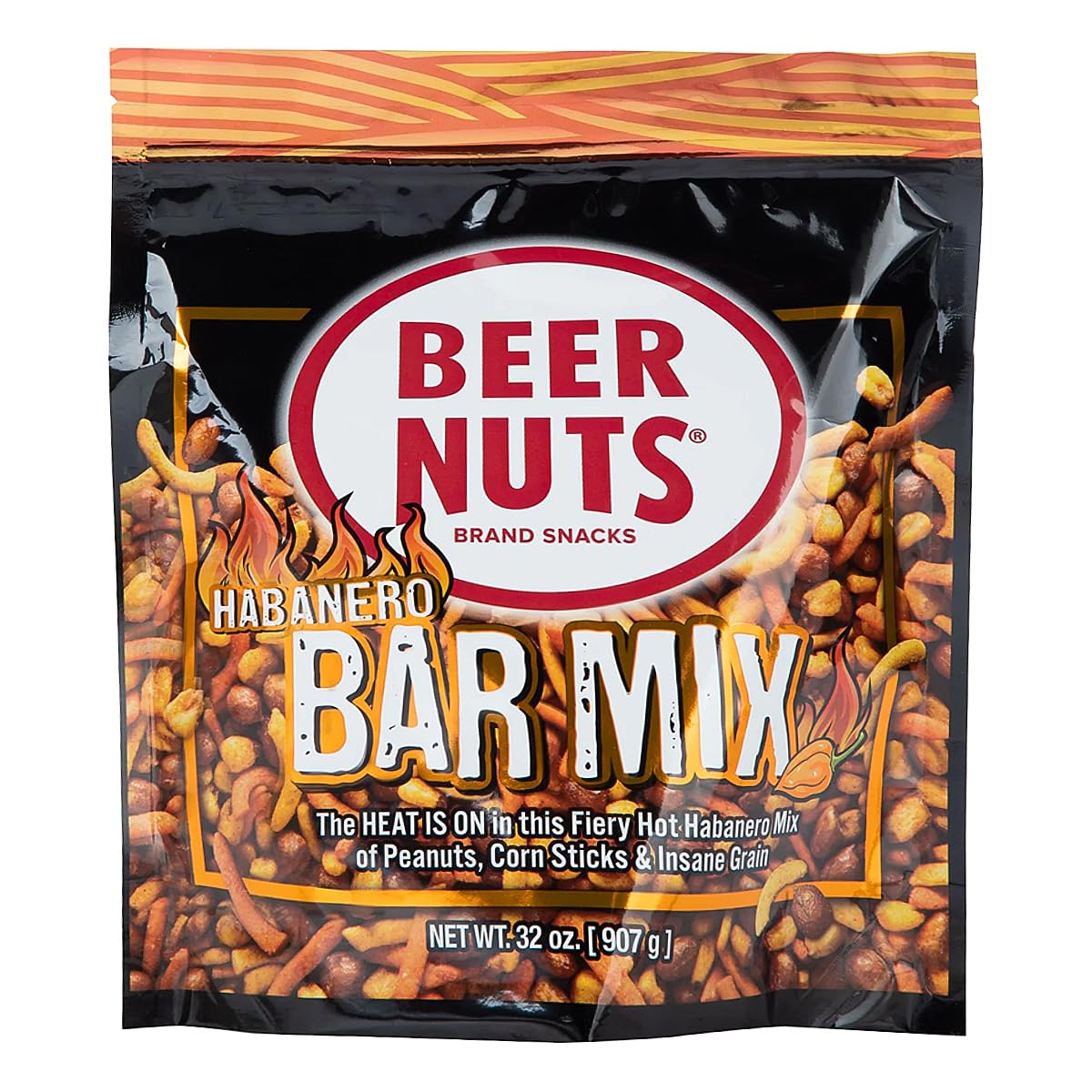 BEER NUTS Habanero Hot Bar Mix - Party Size Fiery Snack Food - Salty Spicy Roasted Peanuts, Cajun Sesame Sticks, Hot Flaming Roasted Corn, Nacho Corn