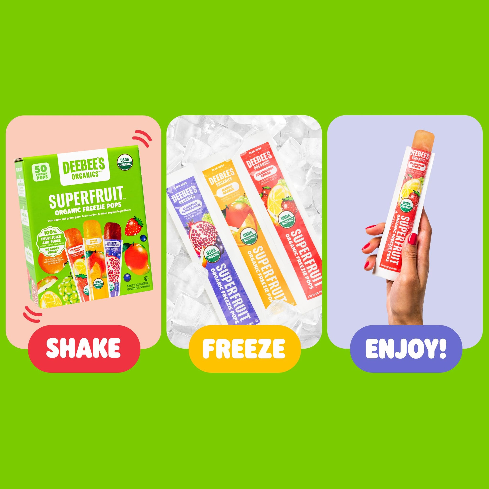 DeeBee's Organics Classic SuperFruit Freezie Pops, No Added Sugars, No Artificial Flavors or Colors (Pack of 50)