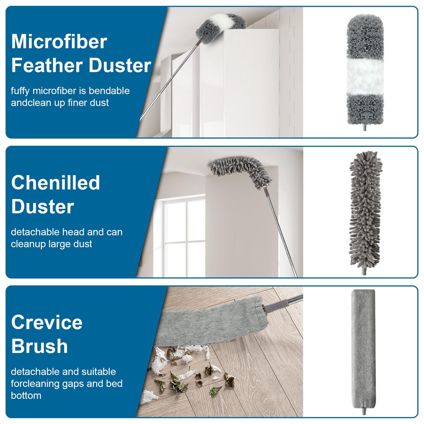 Microfiber Duster, 4PCS with Extension Pole(Stainless Steel) 30 to 100 Inches, Reusable Bendable Dusters, Washable Lightweight Dusters for Cleaning