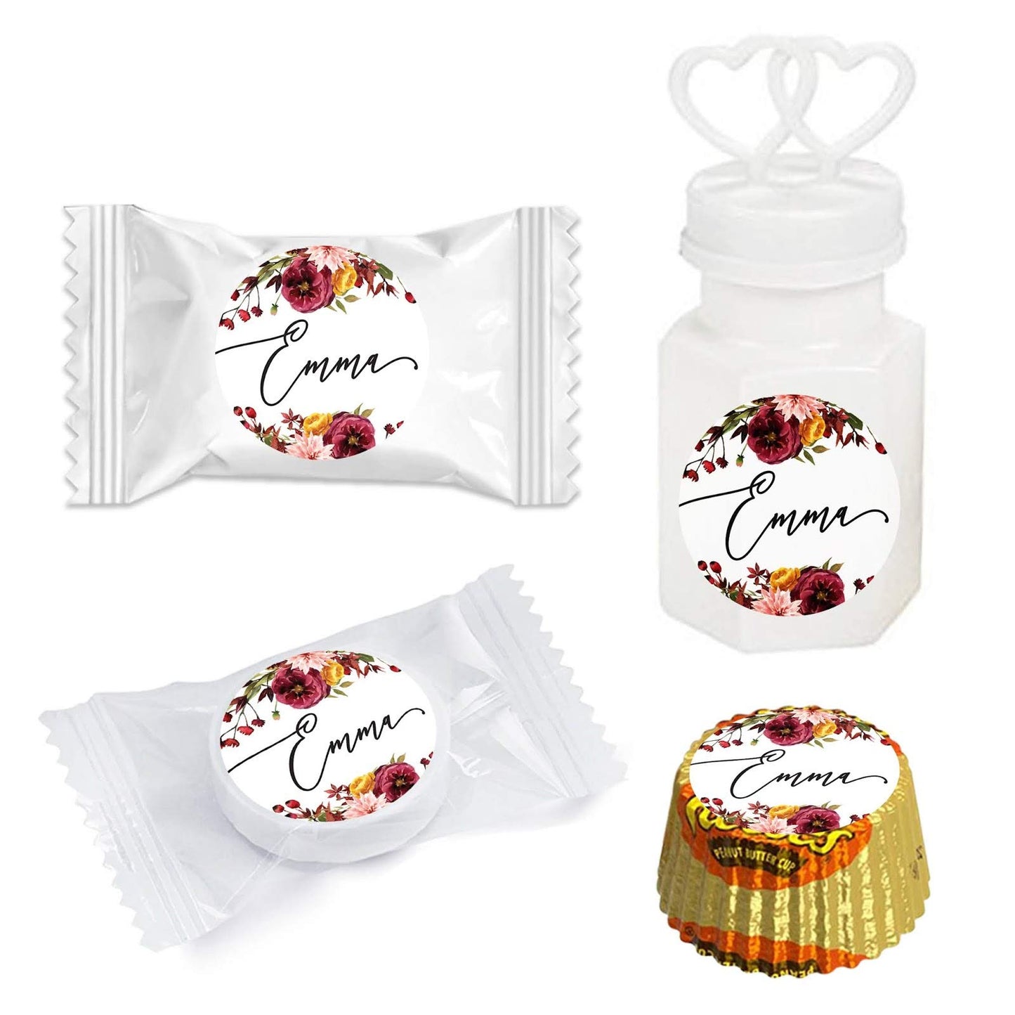 Andaz Press Fall Burgundy Marsala Baby Shower Party Collection, Personalized Chocolate Drop Label Stickers Trio, Custom Name, Date, Marsala Floral