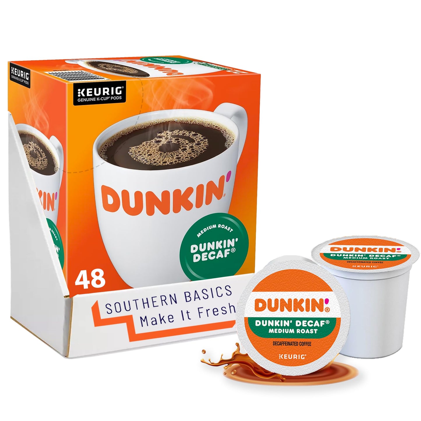 SOUTHERN BASICS Dunkin Donuts Decaf Original Flavor Coffee K-Cups For Keurig K Cup Brewers, Packaging May Vary (48 Count)