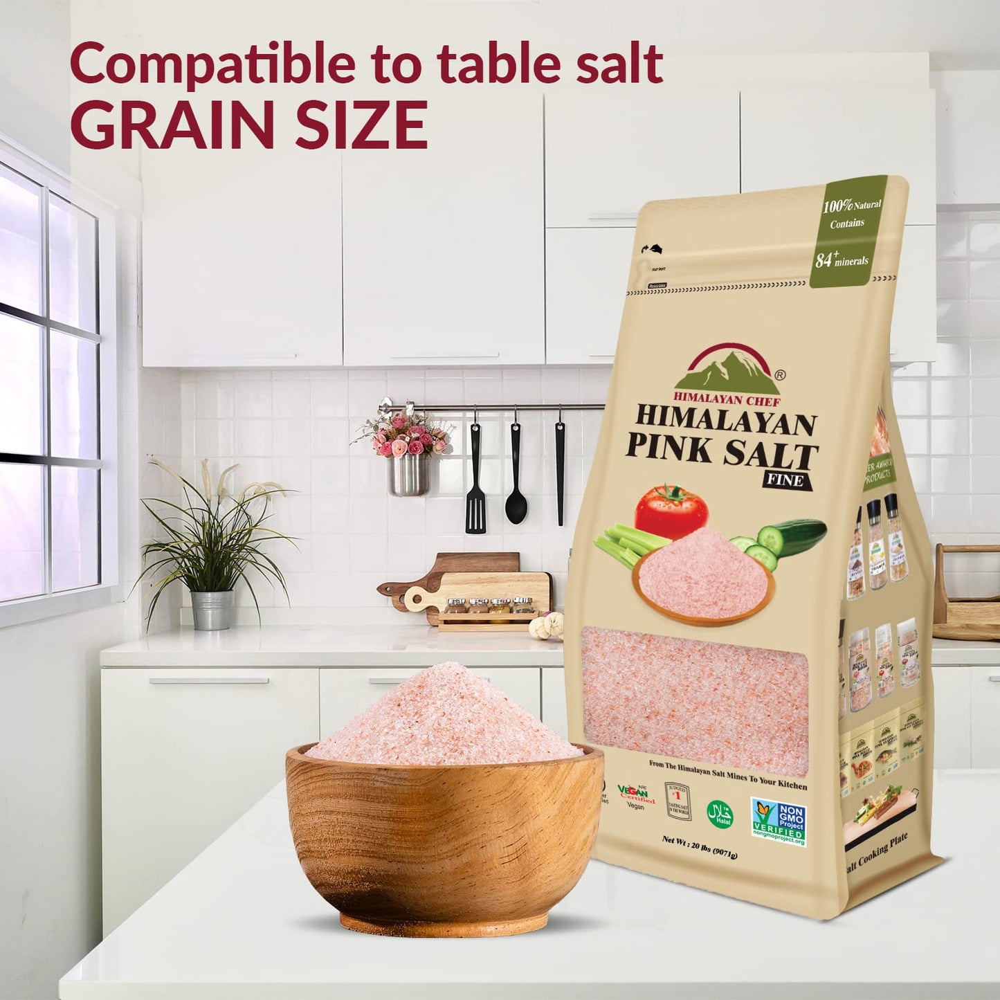 Himalayan Chef Himalayan Pink Salt, Fine Grain Bulk Size - 20 lbs, Kosher & Halal Certified, Natural & Chemical Free Rock Salt - Bag