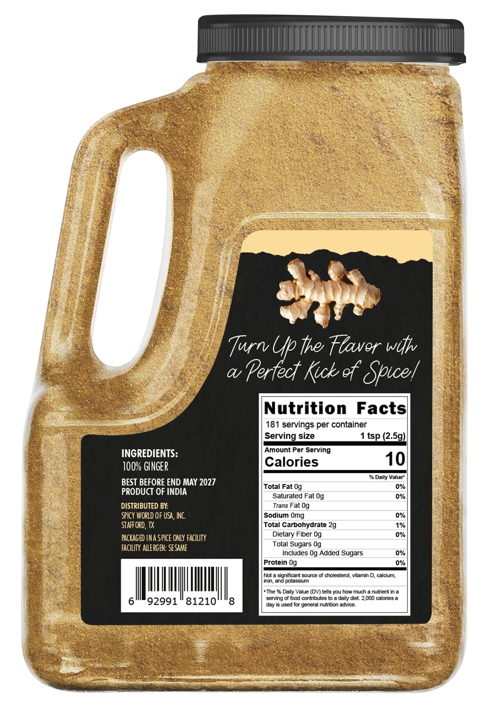 Spicy World Ginger Powder 5 LB Jar - Gluten Free, Bulk Ground Dried Ginger Root, Pure Zingiber Officinale, Warm & Spicy Flavor for Cooking, Baking