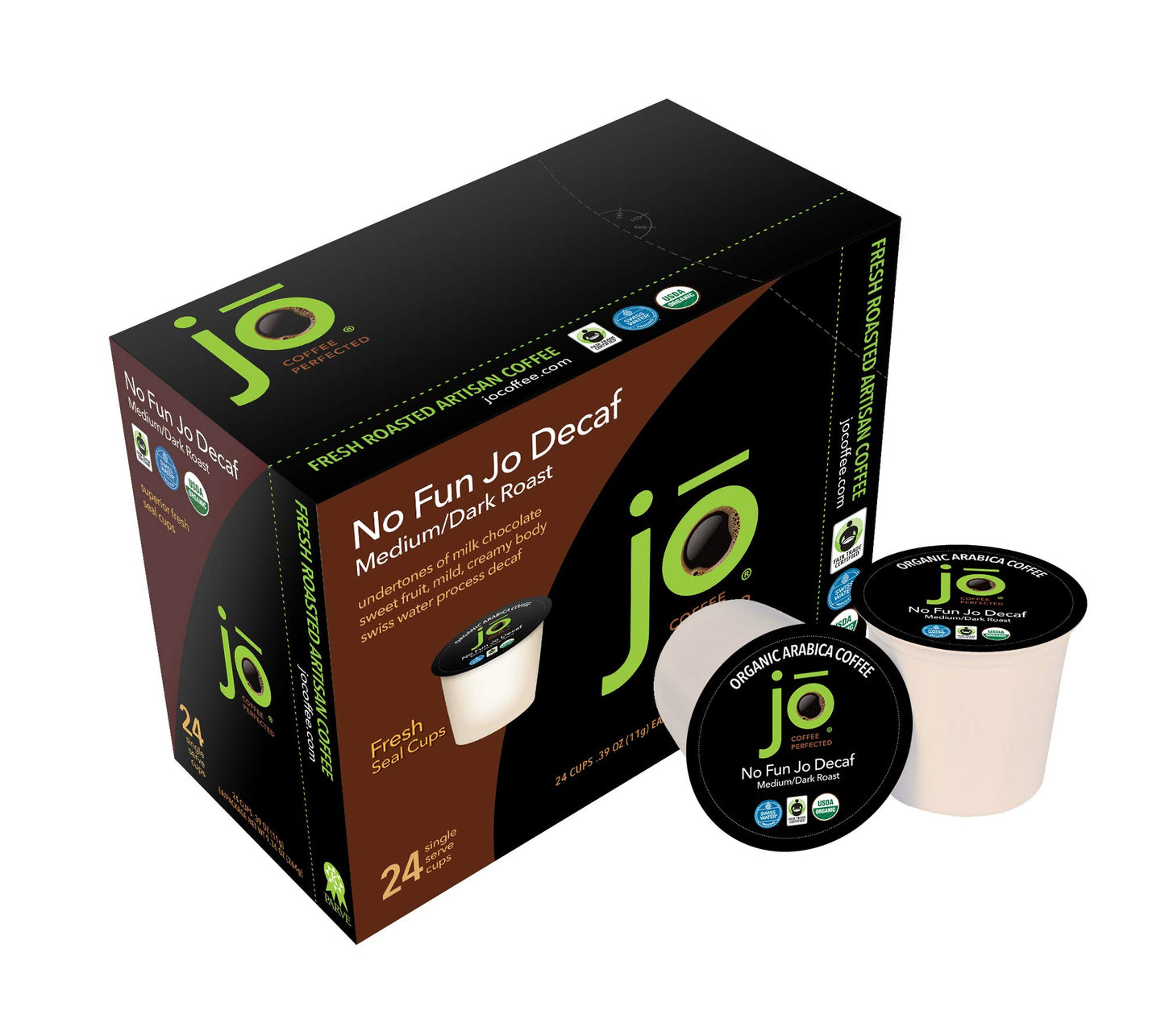NO FUN JO DECAF: 48 Cups, Organic Medium Dark Roast Swiss Water Process for Keurig K-Cup Compatible Brewers, Fresh Seal Single Serve Cups, Fair Trade
