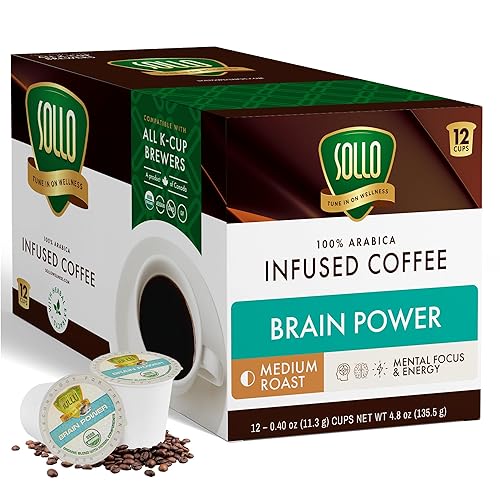 SOLLO Brain Power Dark Coffee Pods MCT & Essential nutrition, Nootropic Brain Booster, For Memory & Focus Compatible with K-Cup Keurig Brewers, 12