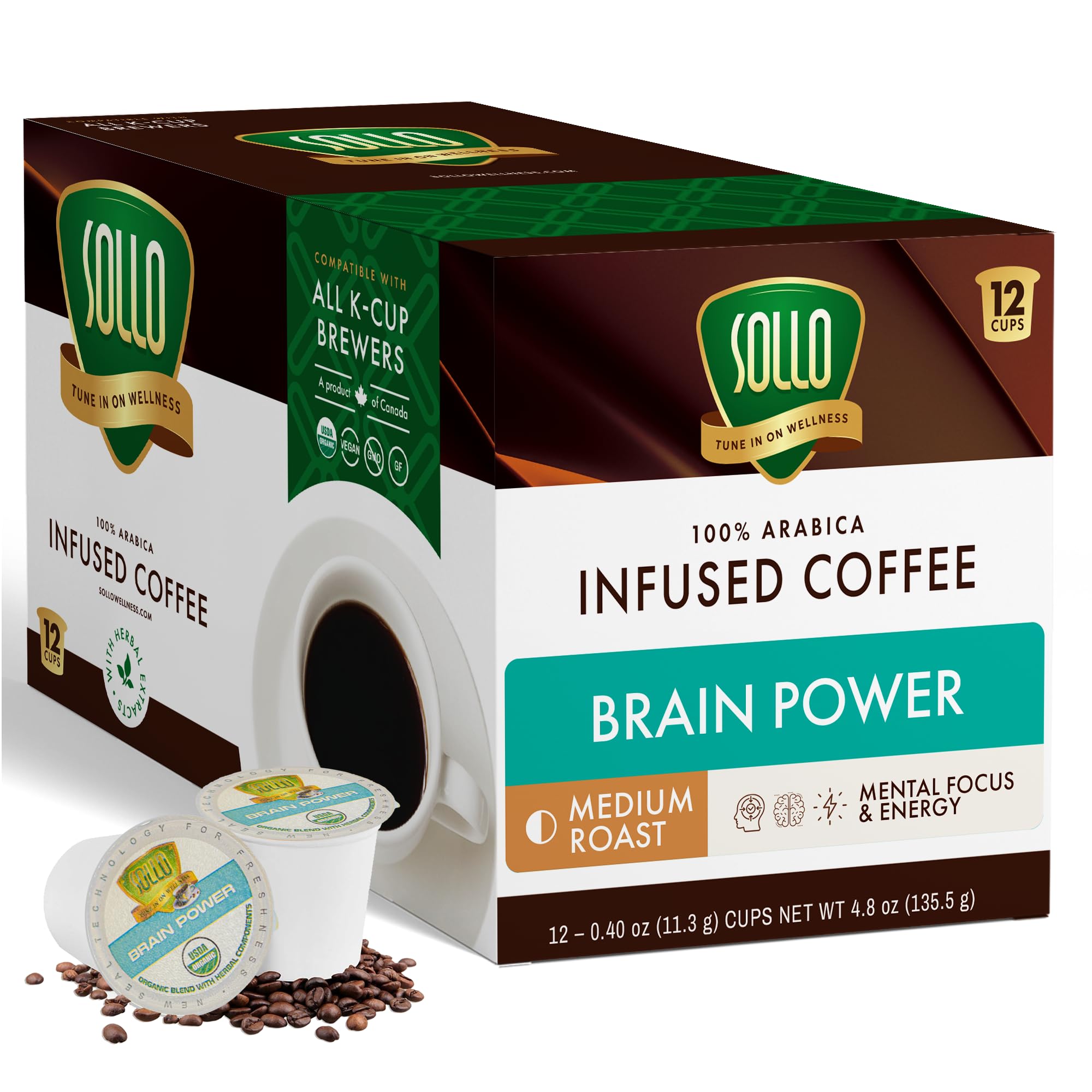 SOLLO Brain Power Dark Coffee Pods MCT & Essential nutrition, Nootropic Brain Booster, For Memory & Focus Compatible with K-Cup Keurig Brewers, 12