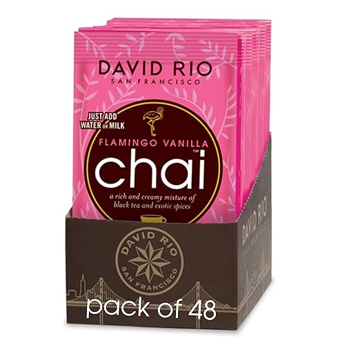 Flamingo Vanilla Decaffeinated Reduced Calorie Chai Tea Latte Mix, 0.63 Oz (Pack of 48), Single Serve Packets, Decaf Black Tea, Organic Spices, Sugar