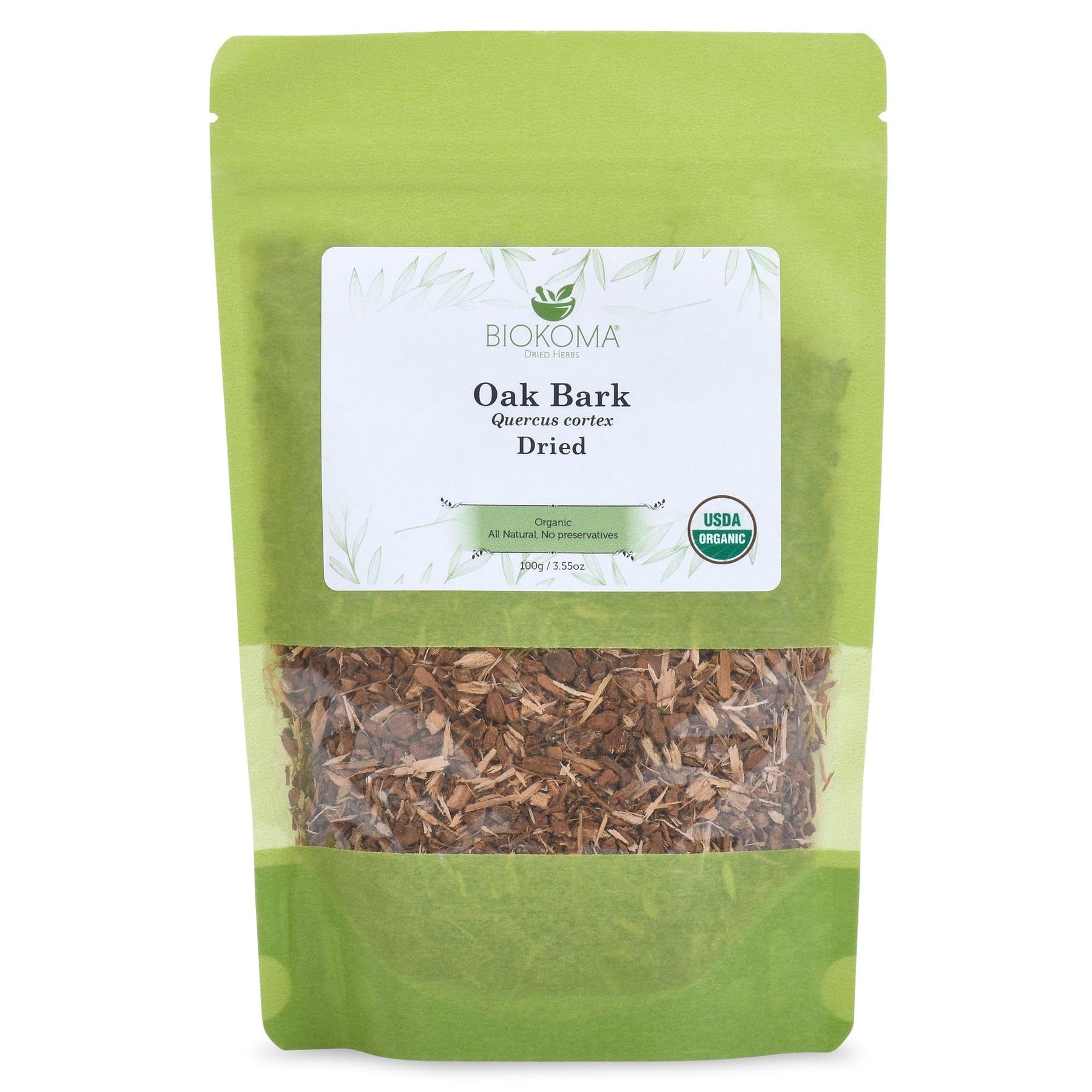 Biokoma Organic Oak Bark 100g (3.55oz) Dried Cut Herb Caffeine-Free USDA Organic Herbal Tea Digestion Support Antioxidant Resealable Moisture Proof