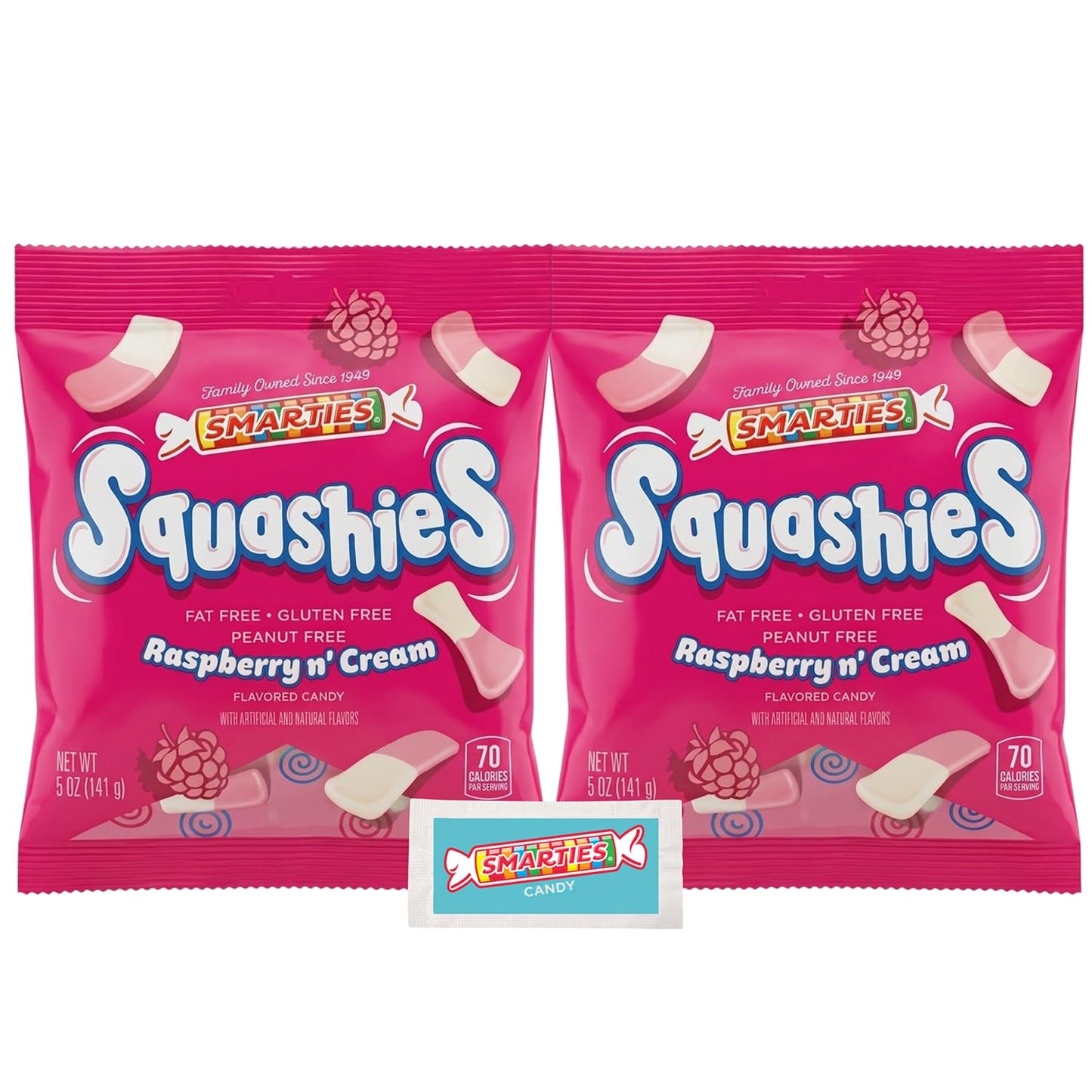 Smarties Squashies Foam Marshmallows Gummy Candies & Smarties Sample Packet Variety Pack - Raspberry & Cream Flavored - Allergen Free, Peanut Free