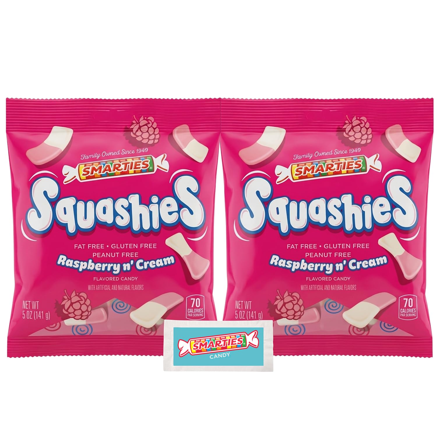 Smarties Squashies Foam Marshmallows Gummy Candies & Smarties Sample Packet Variety Pack - Raspberry & Cream Flavored - Allergen Free, Peanut Free