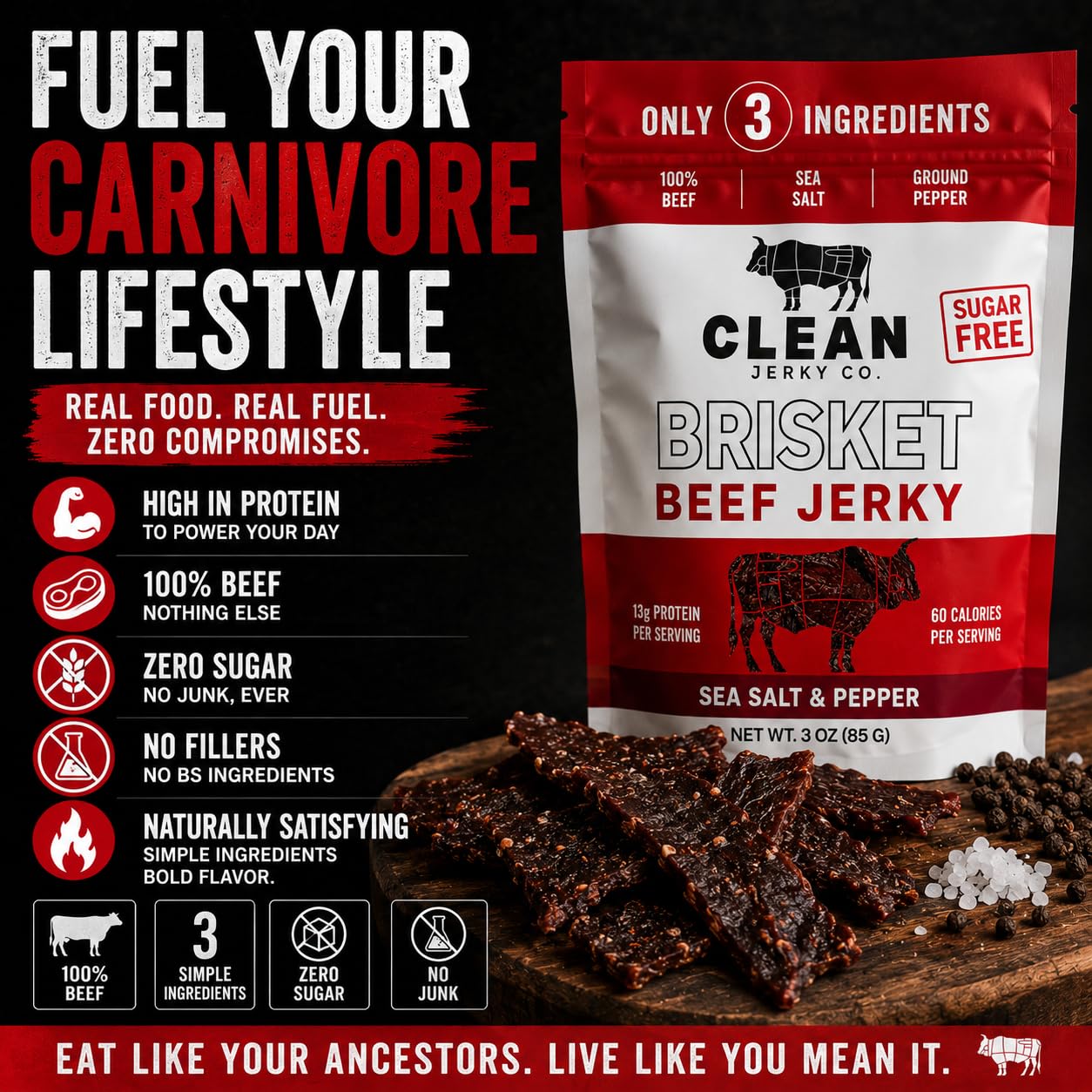 Clean Jerky Co. Old Fashioned Dry Zero Sugar Beef Jerky | Salt & Pepper - Flavorful High Protein Snacks | Healthy Snacks for Adults | Made with 100%