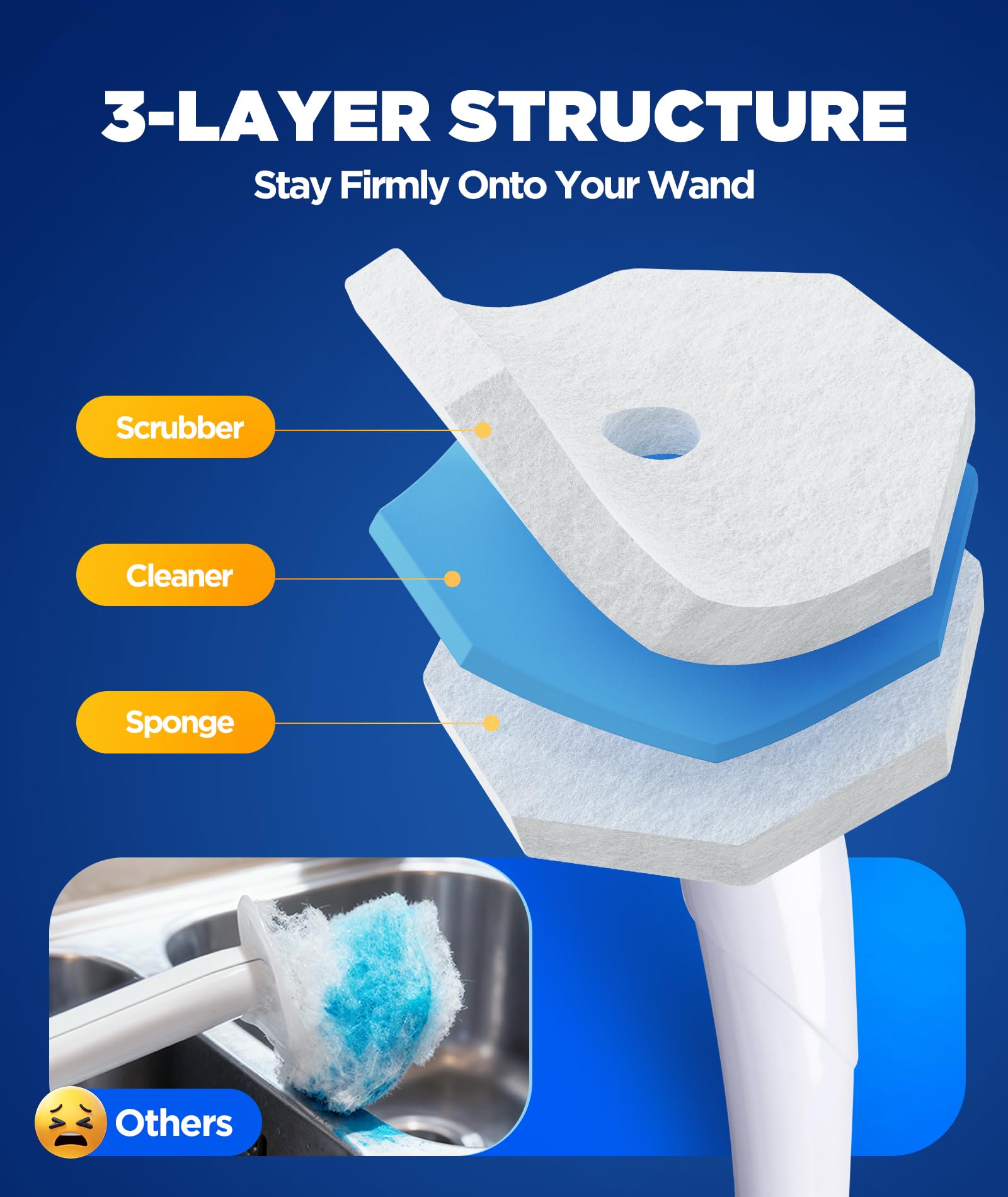 62 Count Toilet Wand Refills For Clorox Wand, 3-Layer Brush Heads with Upgraded Toilet Bowl Cleaners For 99.9% Stains Removal