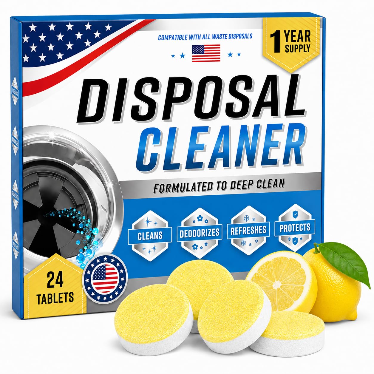 Garbage Disposal Cleaner Deodorizer Tablets, 24 Pack Foaming Disposal Cleaner Tablets, Sink Disposal Cleaner Garbage Disposal Freshener, Citrus