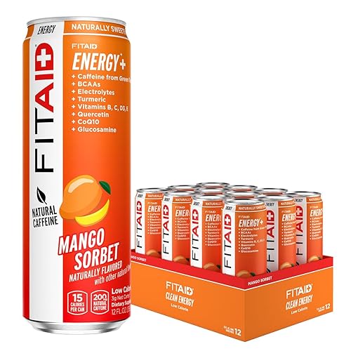 FITAID ENERGY, 200mg Natural Caffeine, Keto, Mango Sorbet, Optimum Performance Formula: BCAAs, Quercetin, Electrolytes, Omega-3s, 15 calories, Paleo