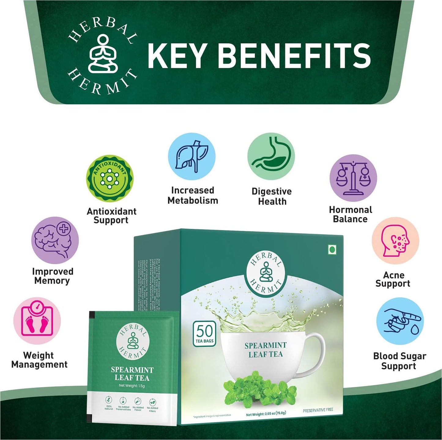 Spearmint Tea Bags - 100 Tea Bags - Pure Spearmint Leaves - Caffeine Free Herbal Tea - Natural Digestive Support & Breath Freshener - Non-GMO