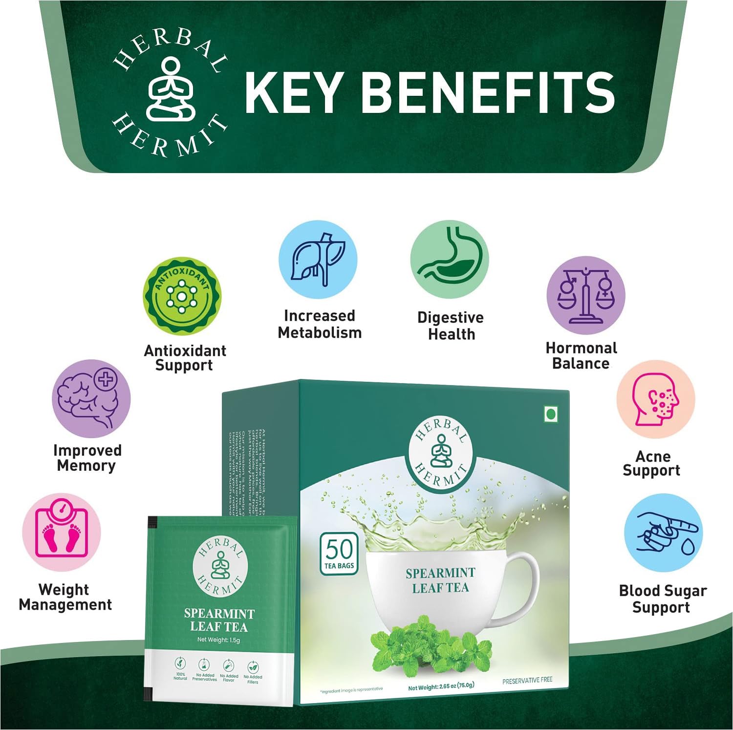Spearmint Tea Bags - 100 Tea Bags - Pure Spearmint Leaves - Caffeine Free Herbal Tea - Natural Digestive Support & Breath Freshener - Non-GMO
