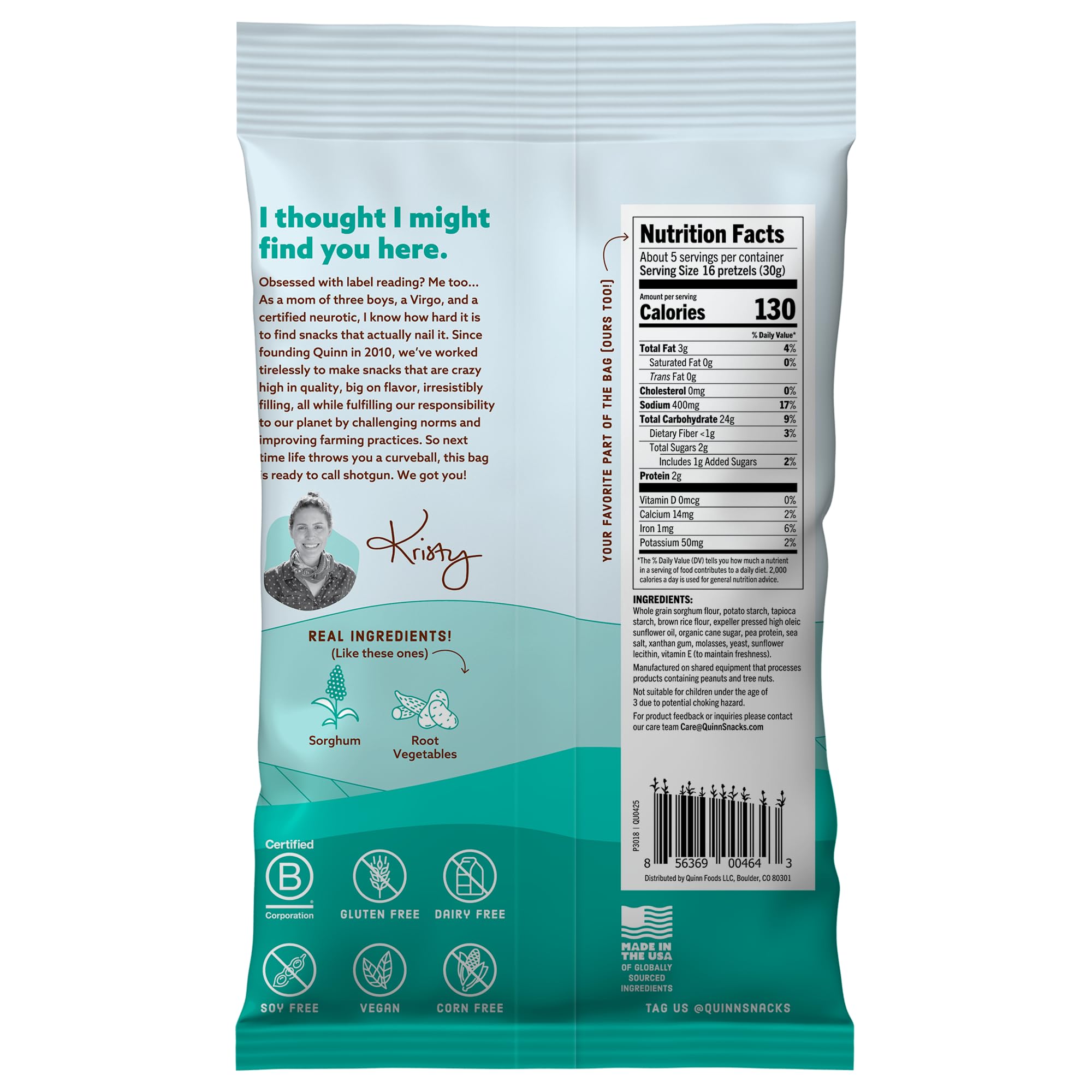 Quinn Whole Grain Sea Salt Pretzel Twists - Made with Real Ingredients, Whole Grain Sorghum, Sea Salt, Vegan, Gluten Free, Dairy Free, Non-GMO - 5.6