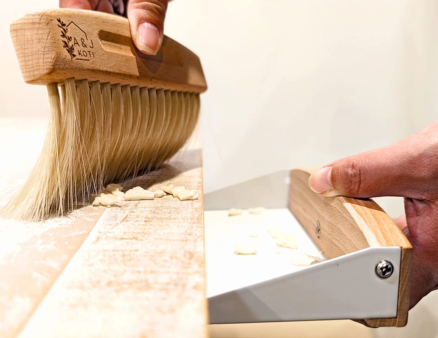 A&J Koti Table Crumb Sweeper - Small Mini Metal Dustpan and Hand Brush Combo Set - Wood Crumber for Servers, Restaurants, Home and Kitchen - Crumb