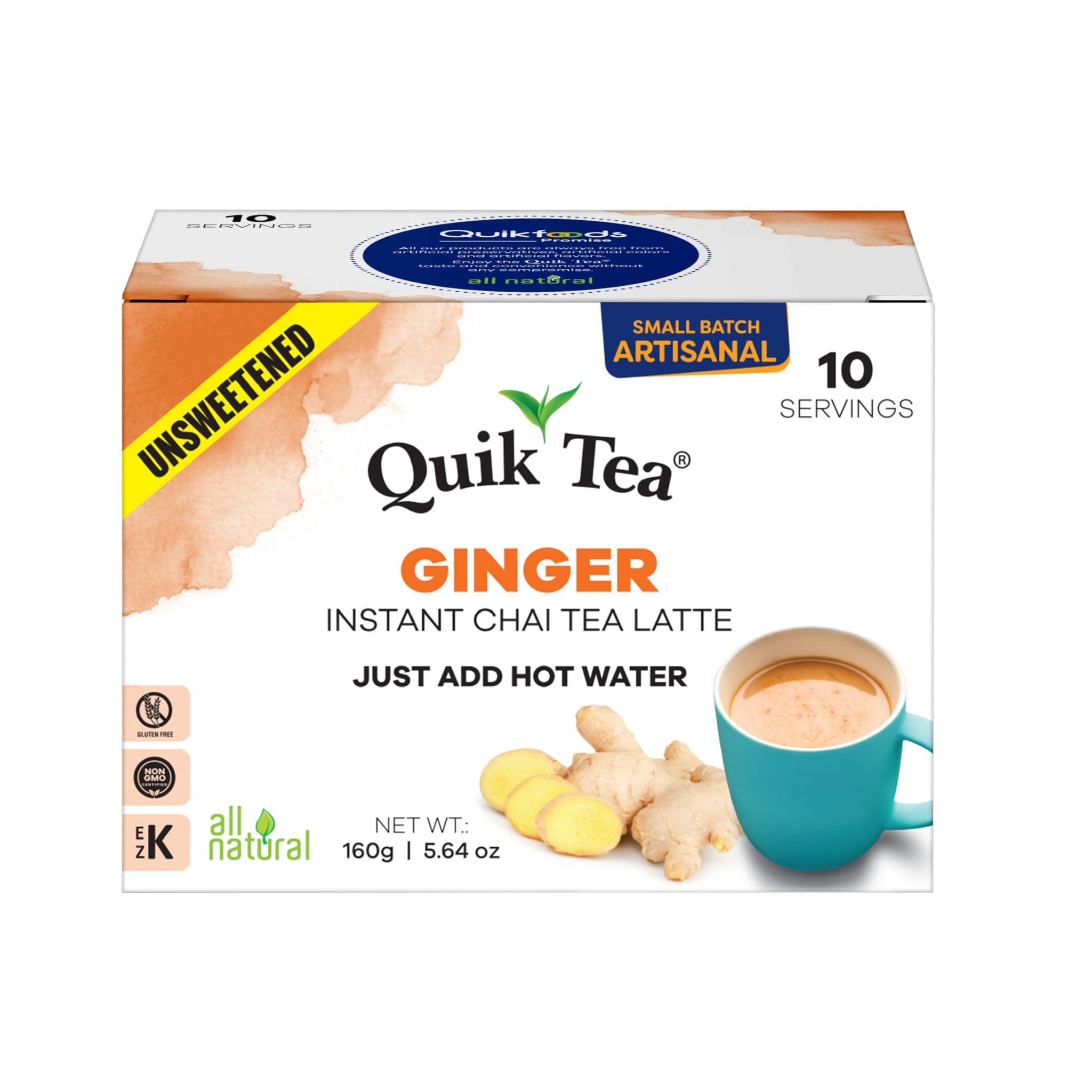 QuikTea Instant Ginger Chai Tea Latte Unsweetened, 10 Single-Serve Sachets, Artisanal Indian Chai Latte Mix, Just Add Hot Water, Low Caffeine