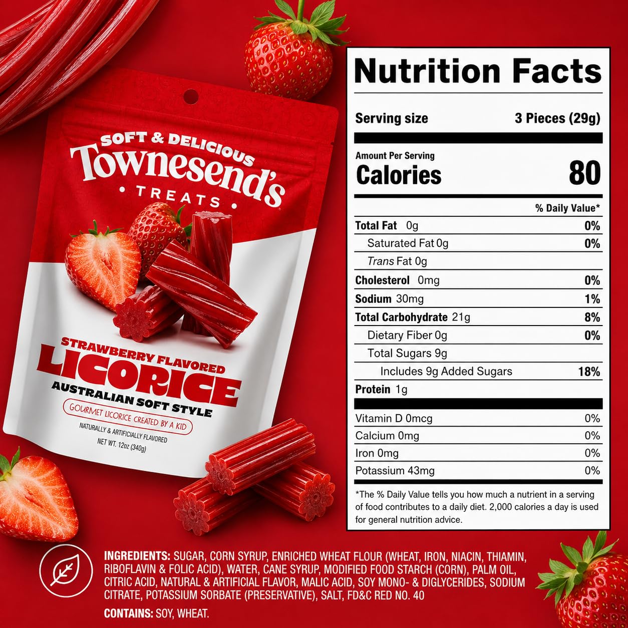 Townesend's Treats Strawberry Licorice Candy (1 pack) - Soft & Chewy Australian Licorice Twists - Gourmet Strawberry Licorice - 12 Ounce Bag - Red