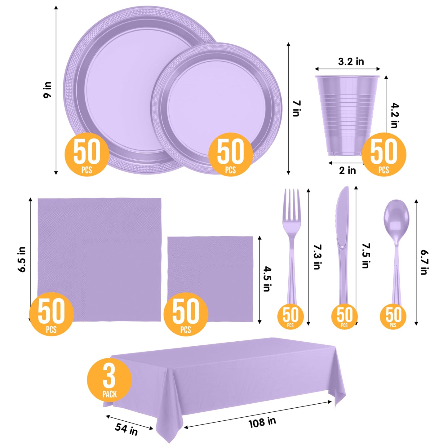 Party Solids 403 Pcs Lavender Plastic Plates For Party, Lavender Disposable Plates Set, 50 Each 9" Plate, 7" Plate, 12 Oz Cups, 2 Size Napkins