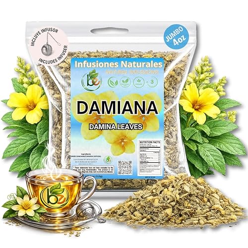 Damiana Leaf Te - 4 oz (113g) Loose Herbal Tea + Stainless Steel Tea Infuser - 100% Natural Turnera diffusa - Authentic Mexican Origin