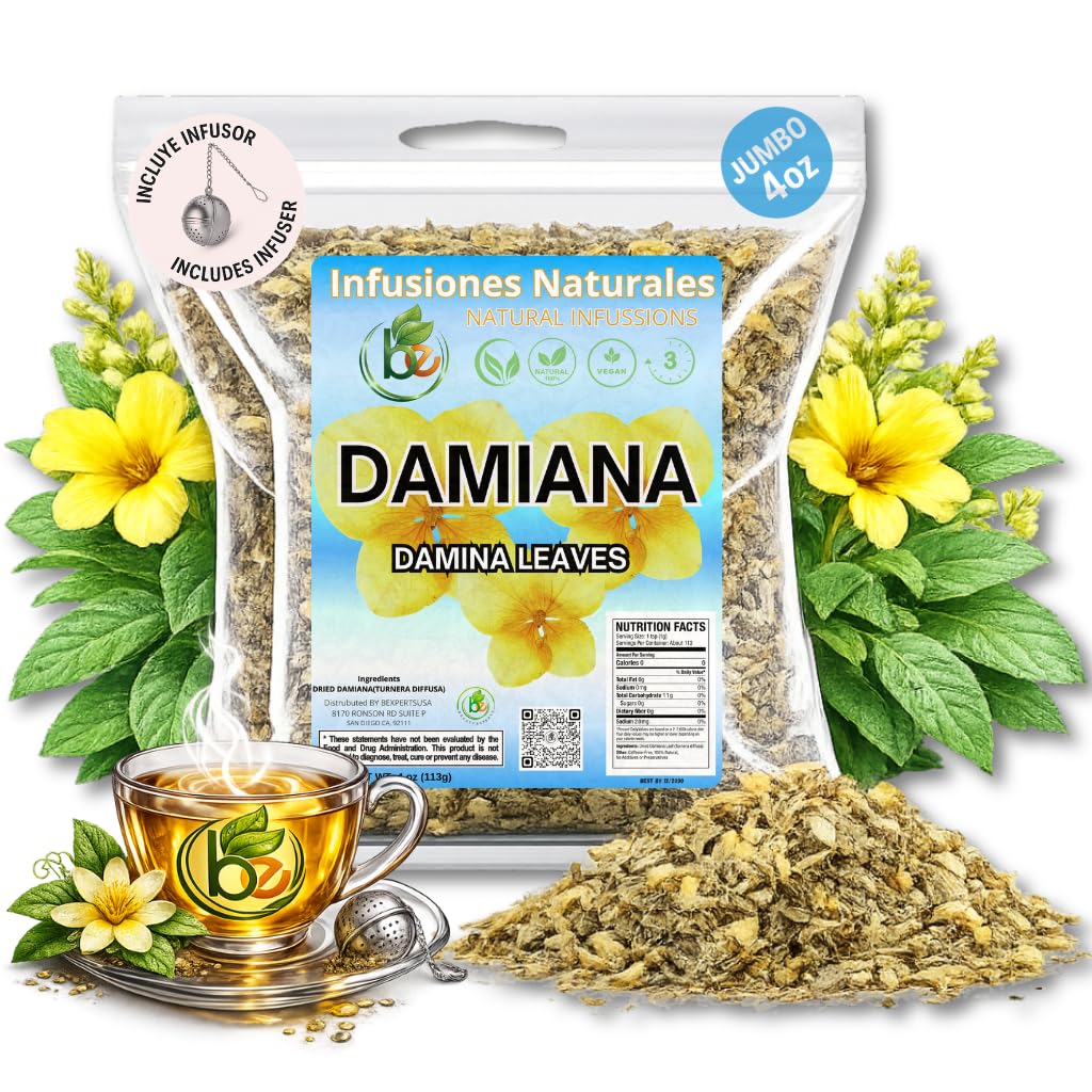 Damiana Leaf Te - 4 oz (113g) Loose Herbal Tea + Stainless Steel Tea Infuser - 100% Natural Turnera diffusa - Authentic Mexican Origin