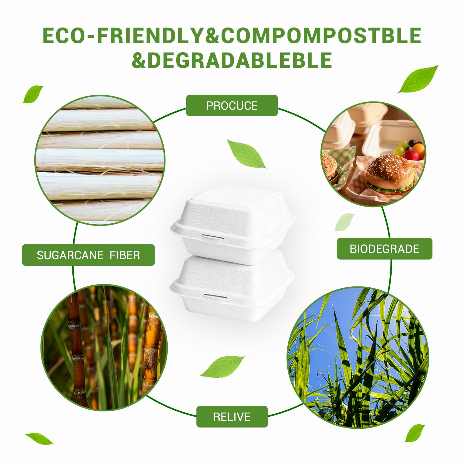 Disposable Burger Paper Clam Shell 100pcs 6" X 6" X 3" Takeaway Container with Flip Lid, Microwave/Frozen Food Grade sugarcane bagasse material
