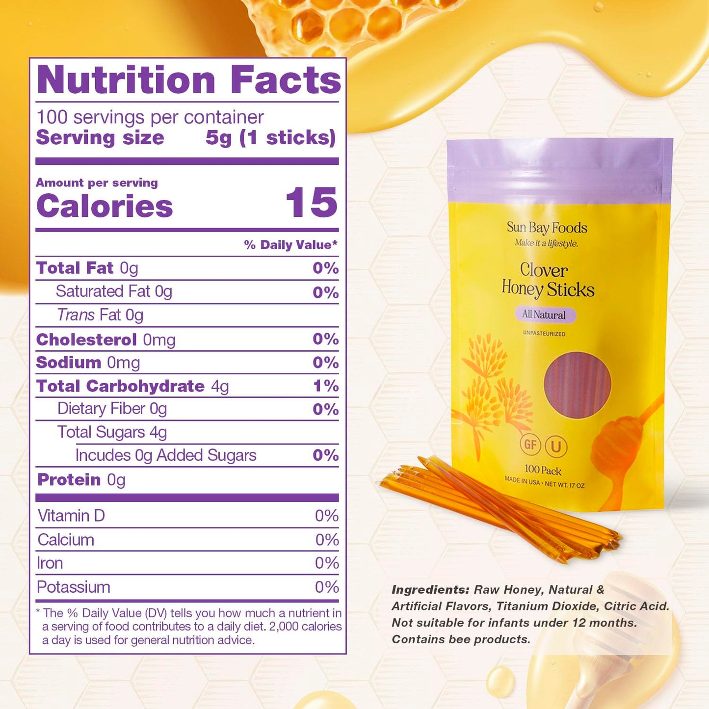 SBO Honey Sticks - 100 Count of Raw Unfiltered Non-GMO Single Serve Pure Honey Stick Packets for Tea and Snacks - Made in the USA