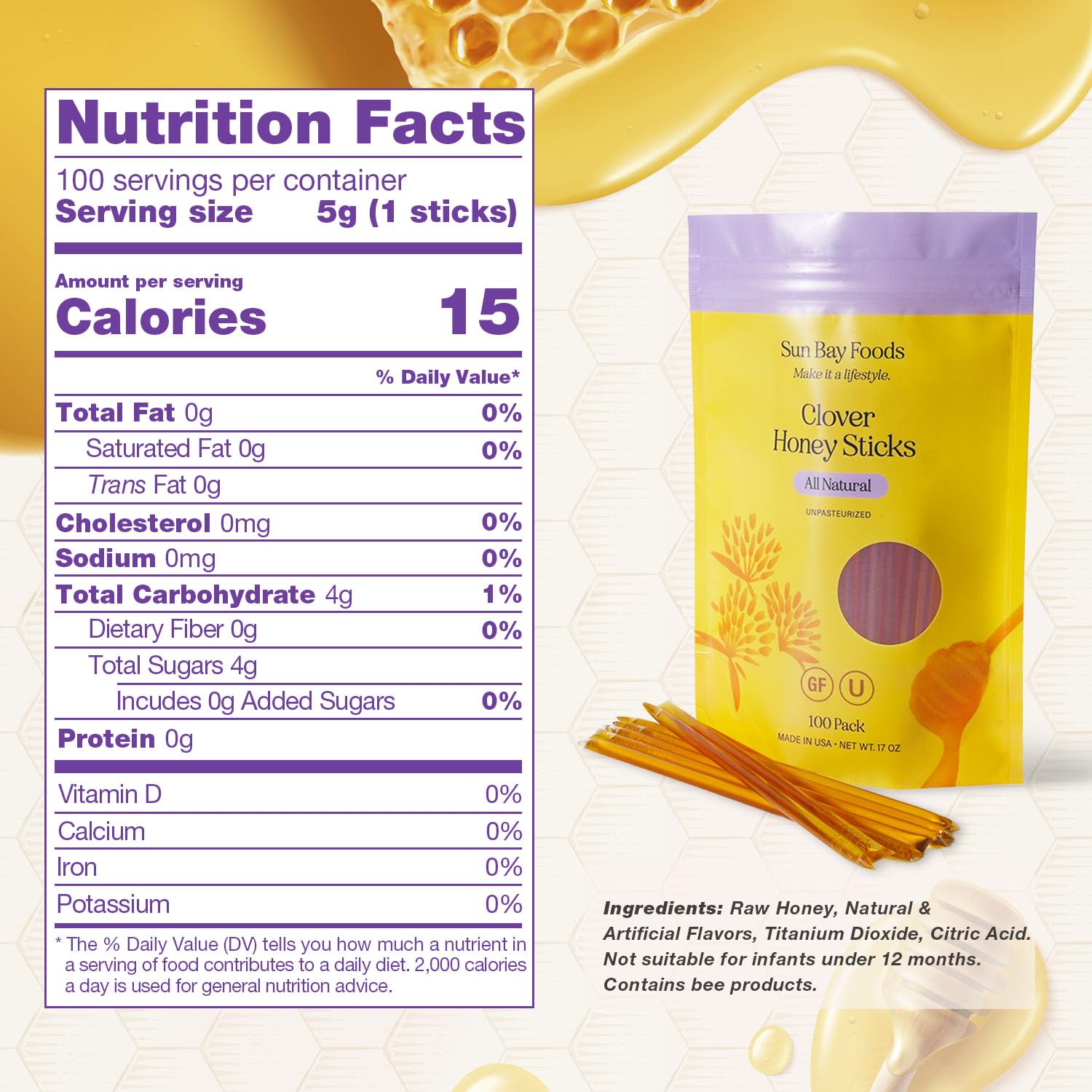 SBO Honey Sticks - 100 Count of Raw Unfiltered Non-GMO Single Serve Pure Honey Stick Packets for Tea and Snacks - Made in the USA
