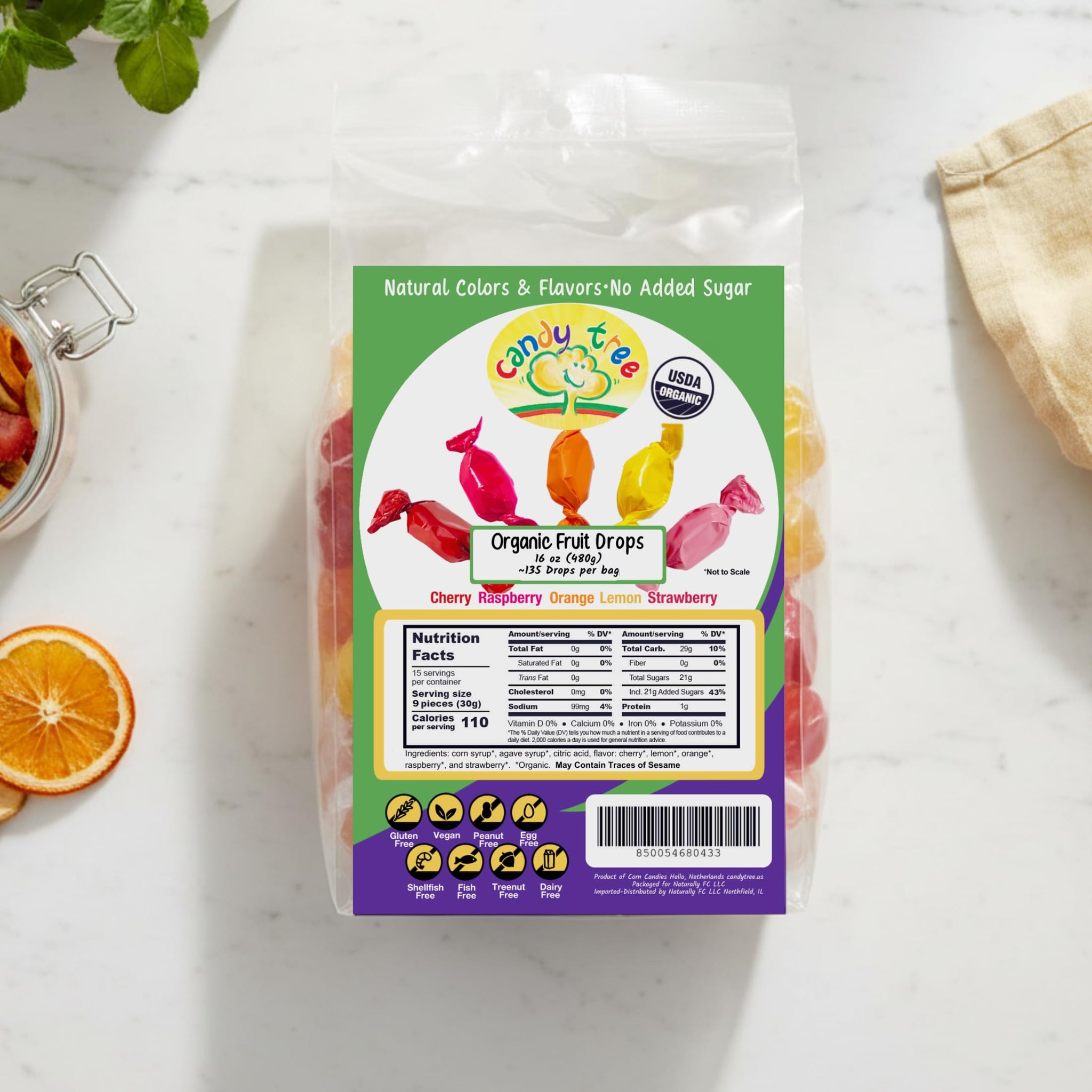 Candy Tree Organic Fruit Drops - No Added Sugar, Vegan, Gluten-Free, USDA Organic, Allergen-Free, Assorted Cherry, Lemon, Orange, Raspberry