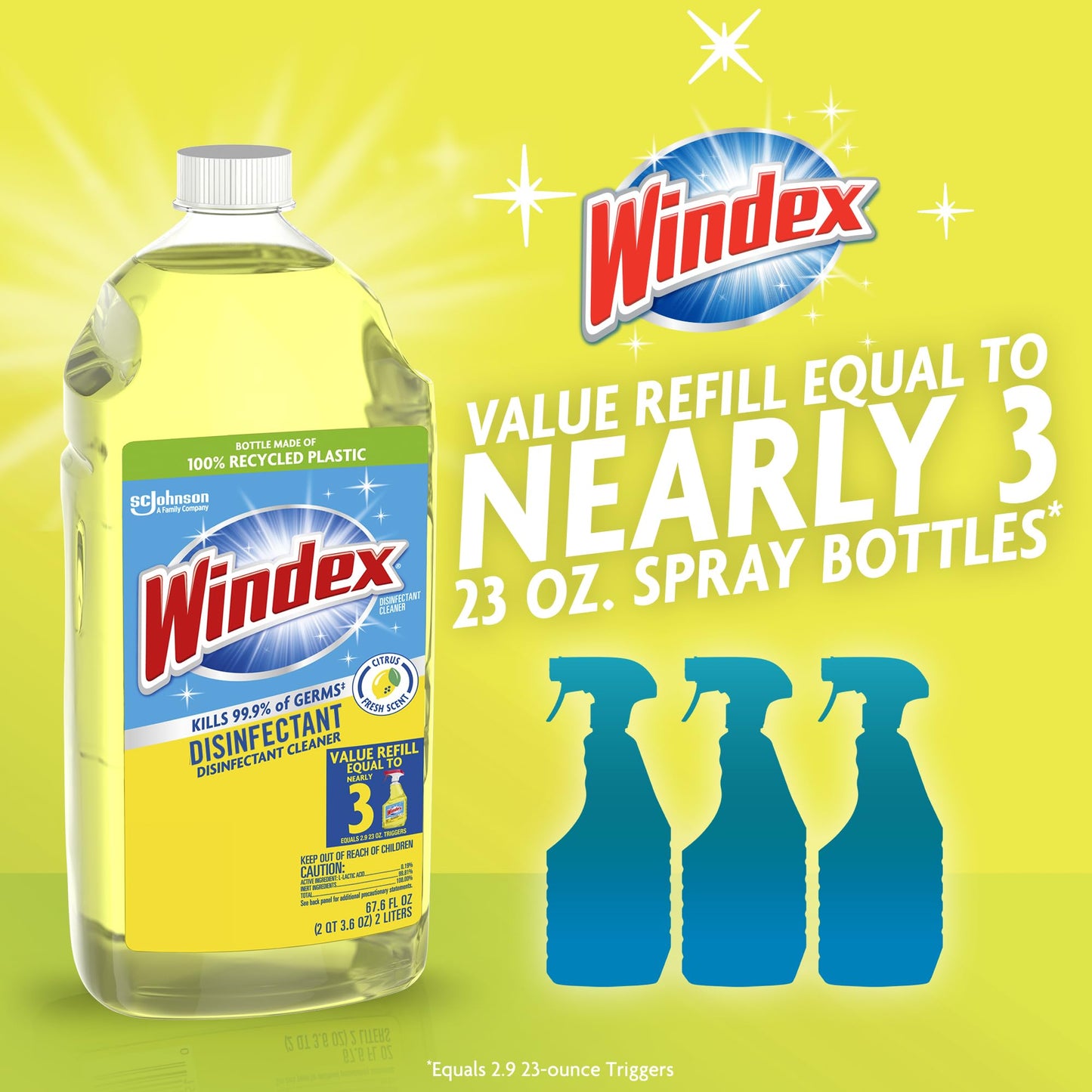 Windex Refill Multipurpose Disinfectant Cleaner Spray, Bottle Made from 100% Recycled Plastic, Surface Cleaning Spray, Citrus Fresh Scent, 2L (67.6 Fl