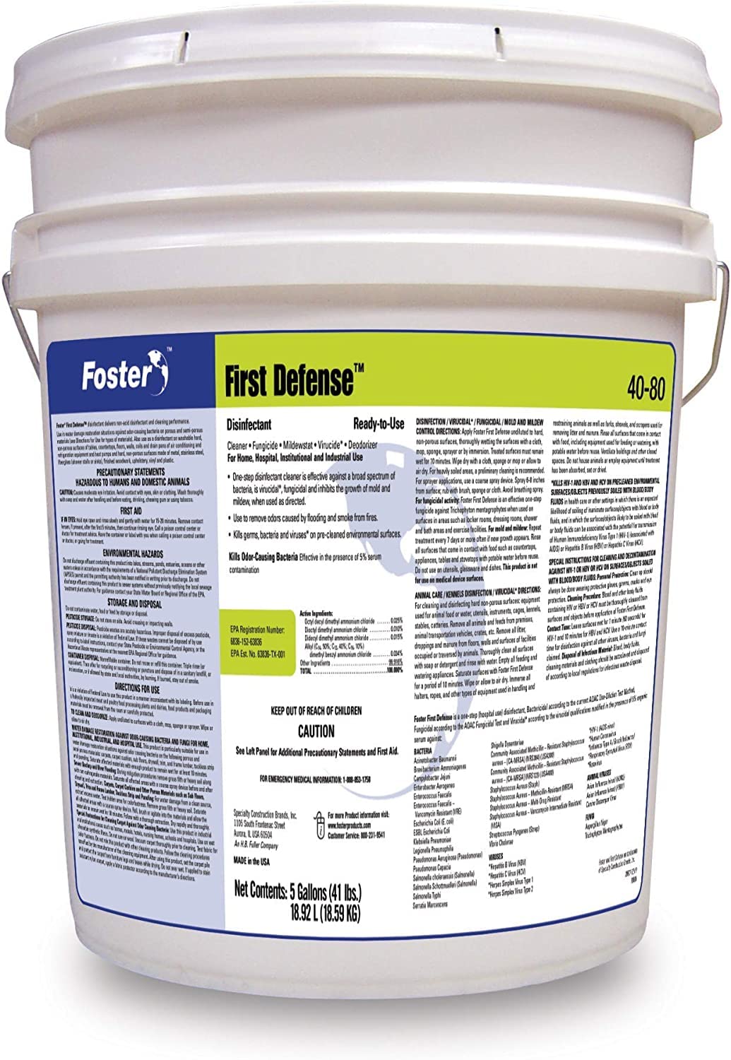 Foster First Defense 40-80 Disinfectant Cleaner. For Home, Hospital, Institutional and Industrial Use. Deodorizes and Cleanses Most Surfaces. 5 GL