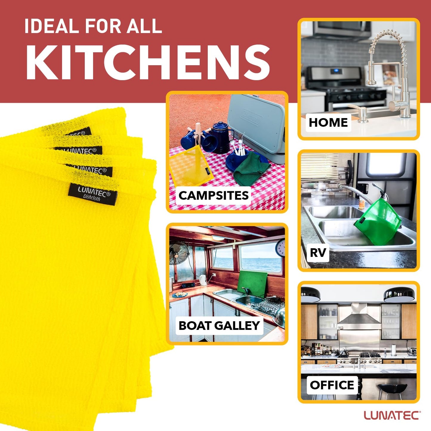 Lunatec® Odor-Free Kitchen Dishcloths. A Scrubber and scouring pad for All Surfaces. Safe for Non-Stick. (6-Pack)