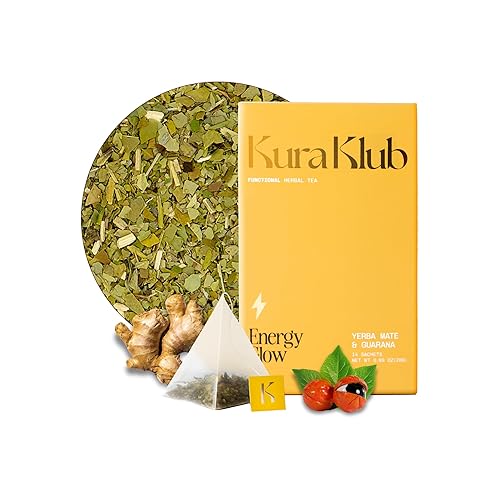 Kura Klub Yerba Mate Energy Glow Tea - Premium Energy Herbal Tea with Guarana, Ginger & Peppermint for Digestion, Gut Health & Satiety - Jitter-Free