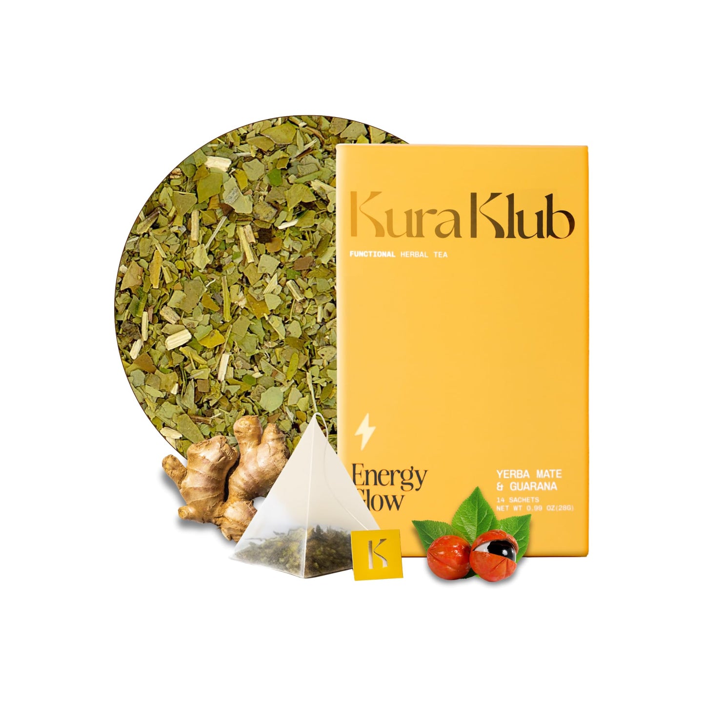 Kura Klub Yerba Mate Energy Glow Tea - Premium Energy Herbal Tea with Guarana, Ginger & Peppermint for Digestion, Gut Health & Satiety - Jitter-Free