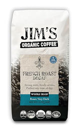 Jim’s Organic Coffee - French Roast Decaf: Whole Bean Dark Roast (11oz) -100% Arabica Coffee Beans - USDA Organic - Kosher - Swiss Water Process