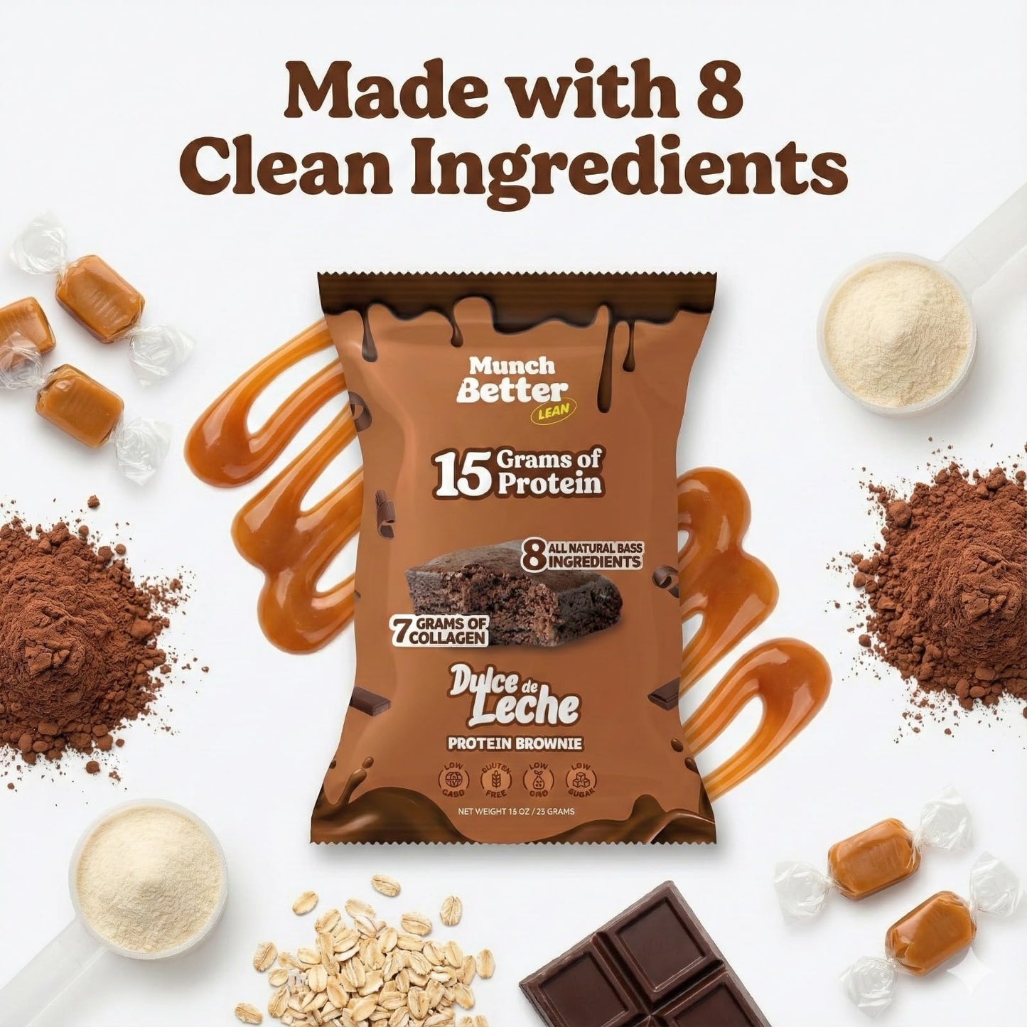 Munch Better Dulce de Leche Brownies - 12 Individually Wrapped Bars, 15g Protein, 7g Collagen, Gluten-Free, Soft Baked Snack with Rich Caramel Flavor
