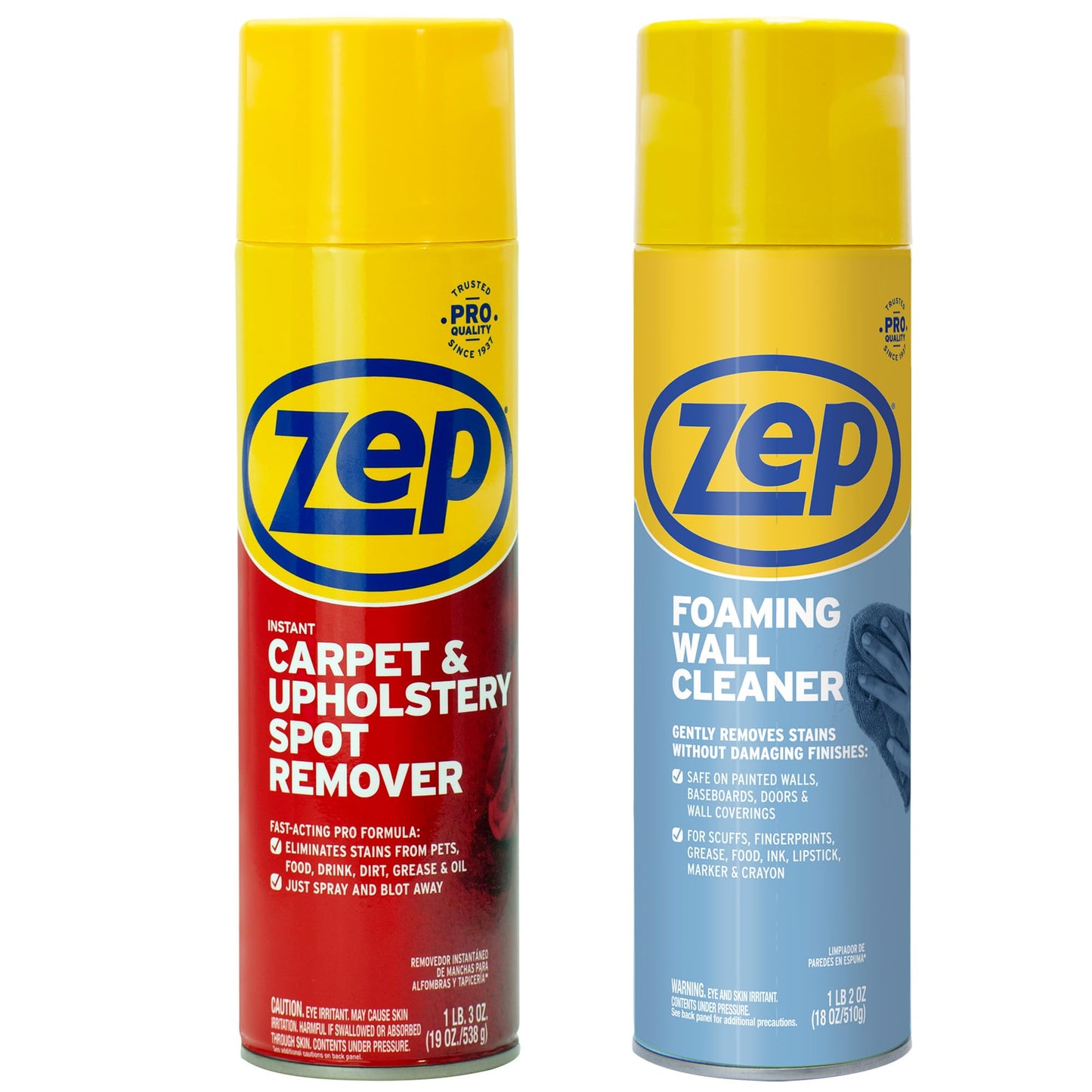 Zep Instant Carpet and Upholstery Spot Remover 19 oz (1 unit) and Zep Foaming Wall Cleaner 18 oz (1 unit) ECBD002 - Professional Sprays for Carpet