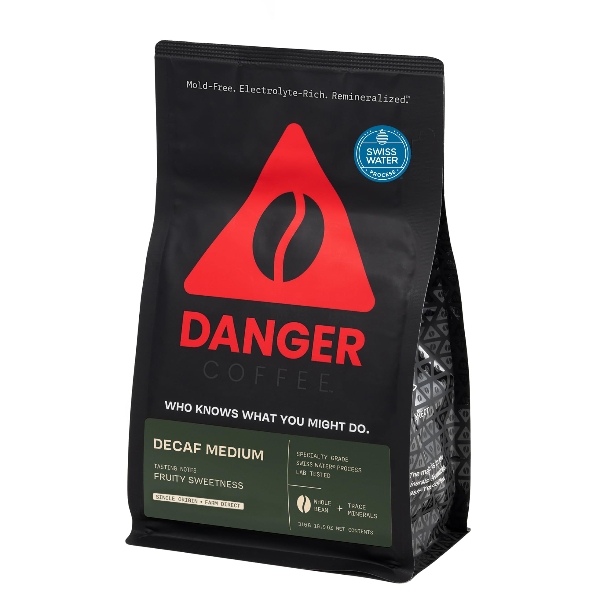 Danger Coffee by Dave Asprey, Remineralized, Mold Free & Lab Tested Swiss Water Decaf Whole Bean Coffee, Medium Roast, Decaffeinated 10.9 Ounce