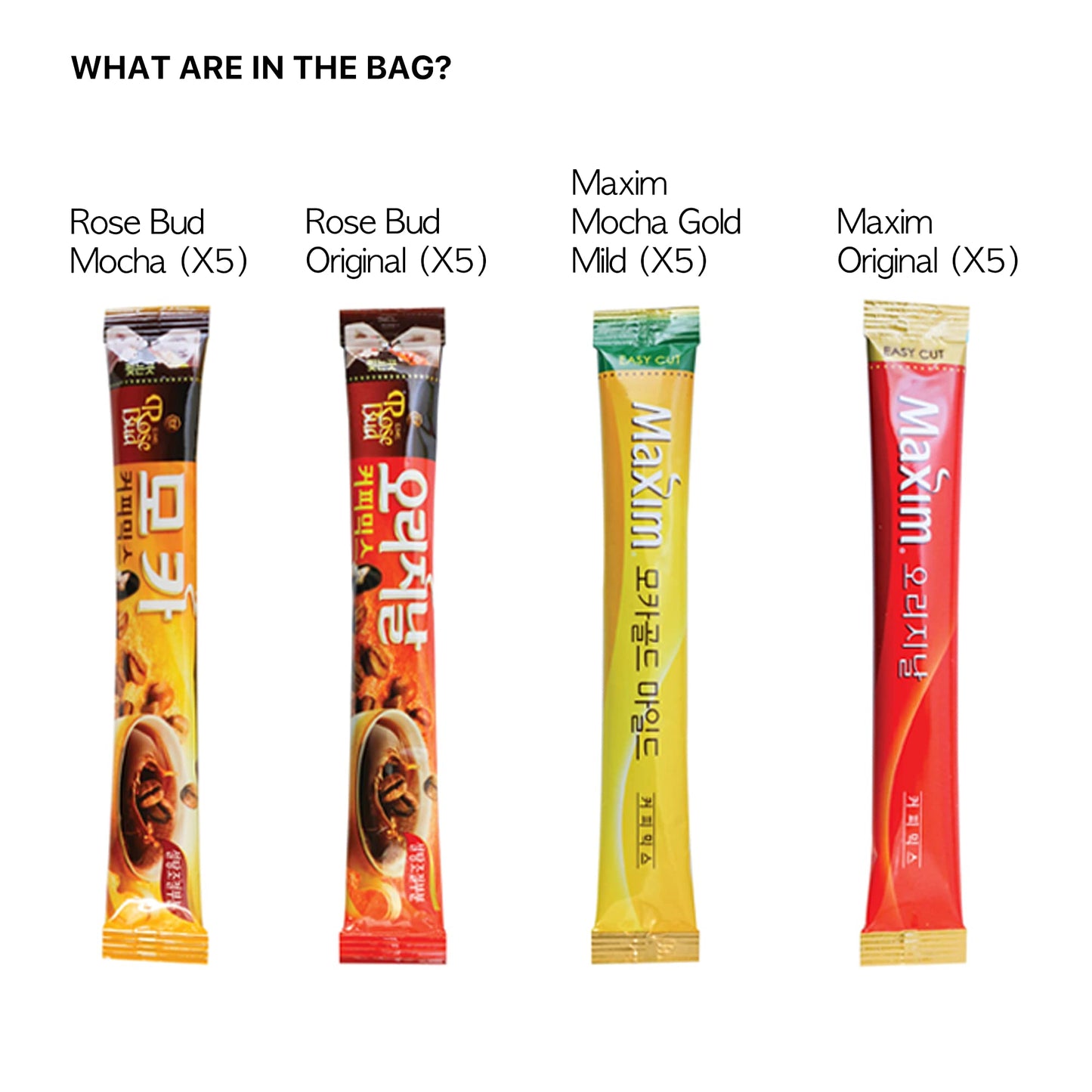 Korean Instant Coffee Variety Sample Pack, 20 Sticks (Maxim Mocha, Maxim Original, Rose Bud Mocha, Rose Bud Original)
