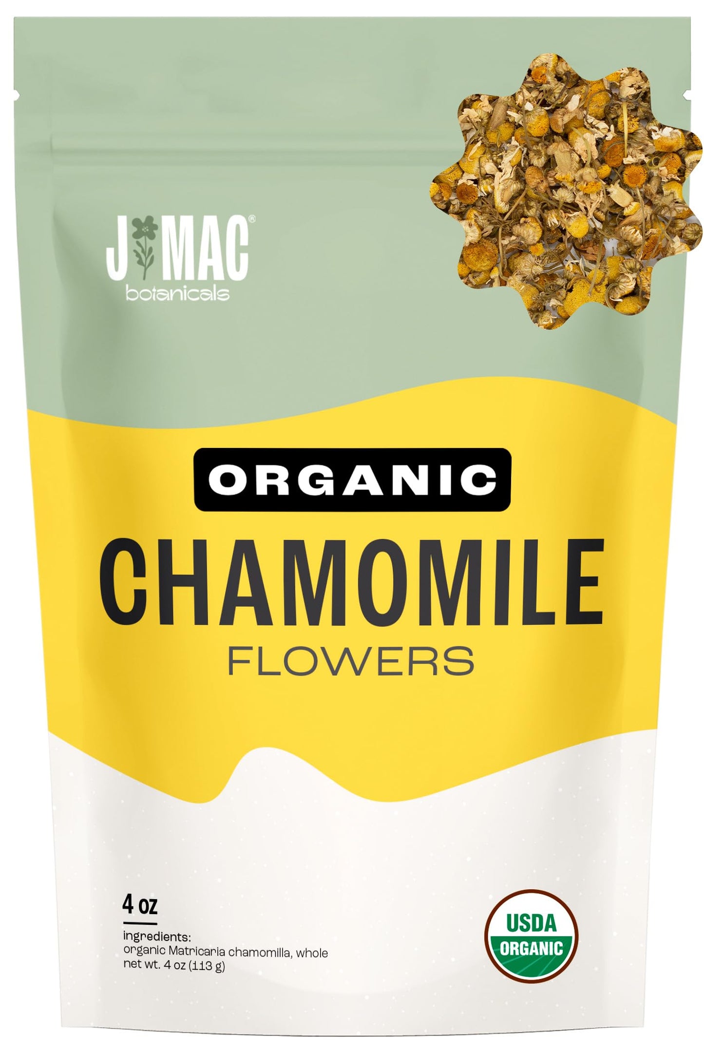 J Mac Botanicals Organic Chamomile Flowers (4 oz) - Whole Egyptian Chamomile Loose Leaf Herbal Tea, Caffeine-Free, Premium Dried Chamomile Flowers