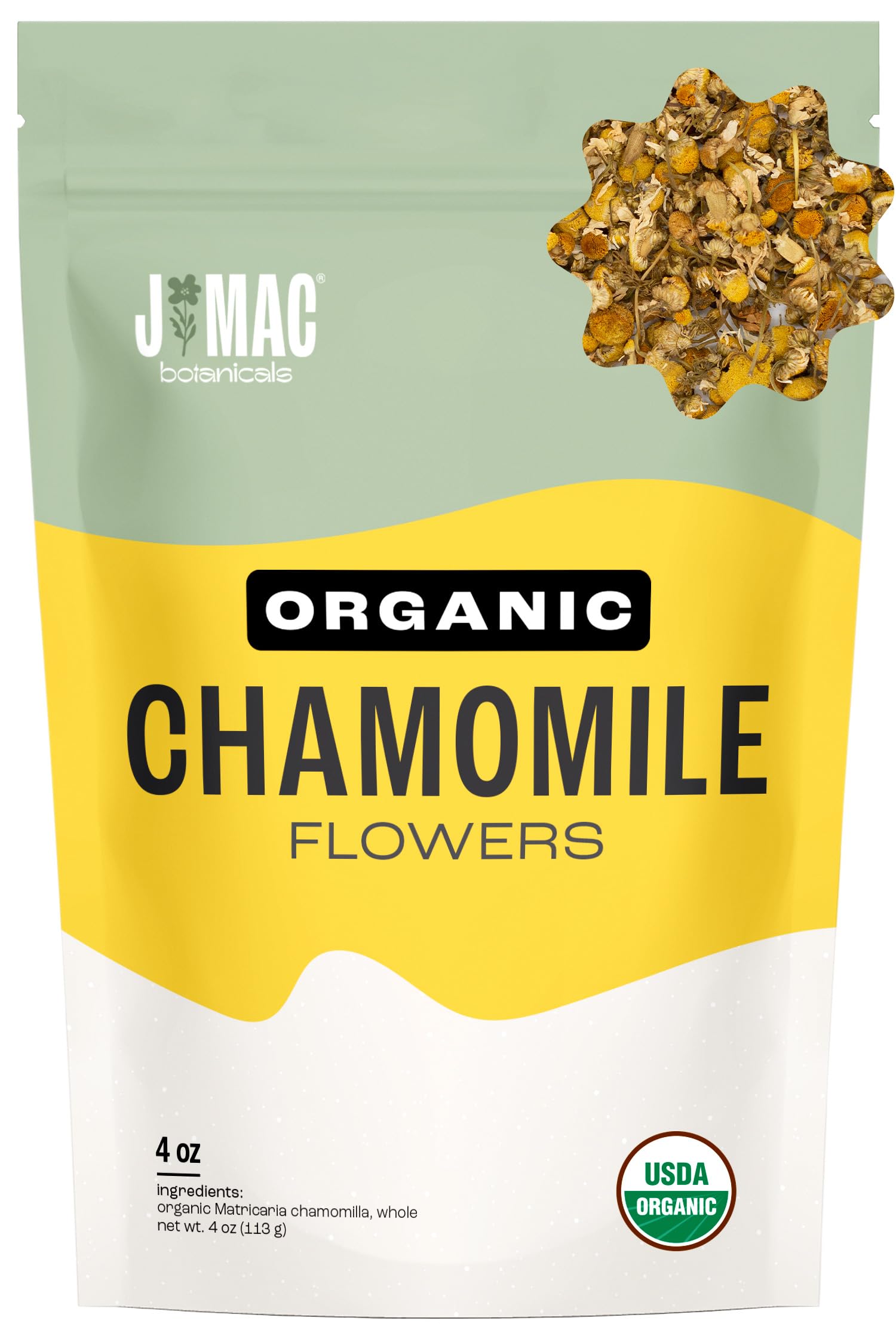J Mac Botanicals Organic Chamomile Flowers (4 oz) - Whole Egyptian Chamomile Loose Leaf Herbal Tea, Caffeine-Free, Premium Dried Chamomile Flowers