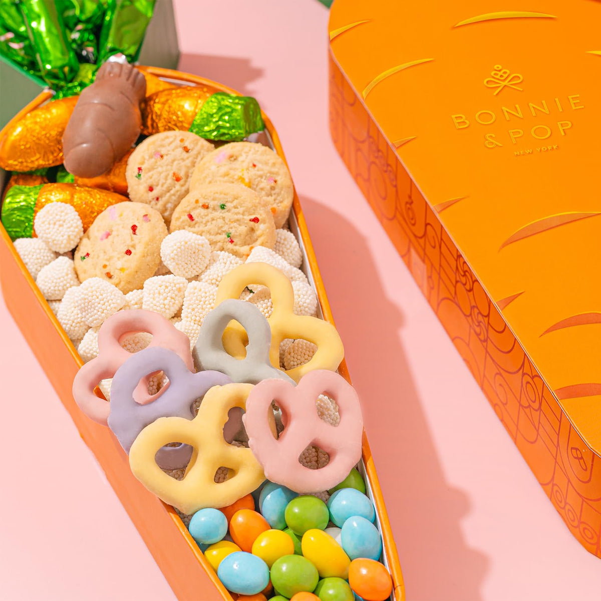 Easter Carrot Treat Gift Box - Spring Candy Assortment with Caramels, Champagne Bubbles Candy, Candied Peanuts, Yogurt Pretzels & Shortbread Cookies