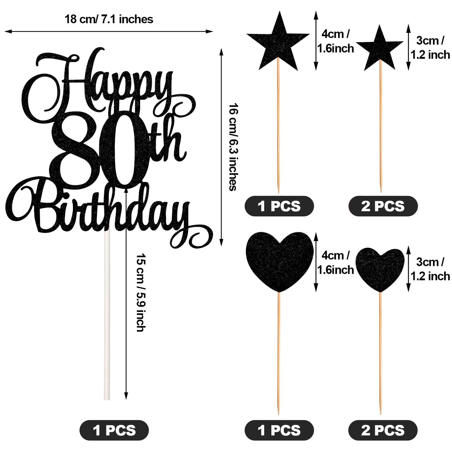 80th Birthday Cake Decorations Set, 80th Birthday Candles Numeral 80 Cake Candles and Happy 80th Birthday Cake Toppers for Party Supplies (Black