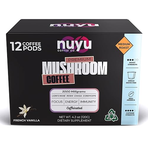 Nuyu Mushroom Coffee Pods, K-Cups, 100% Medium Roast Arabica Coffee with Lion's Mane, Reishi, Chaga, Cordyceps, 2000mg per Pod (12, French Vanilla)